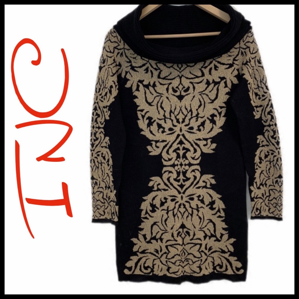 INC Gold/BlackFleur De Lis Cowl Neck Knit  Dress